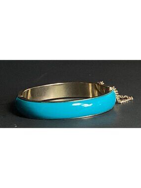 Teal Lucite and Gold Tone Metal Hinged Clamper Bracelet with Safety Chain